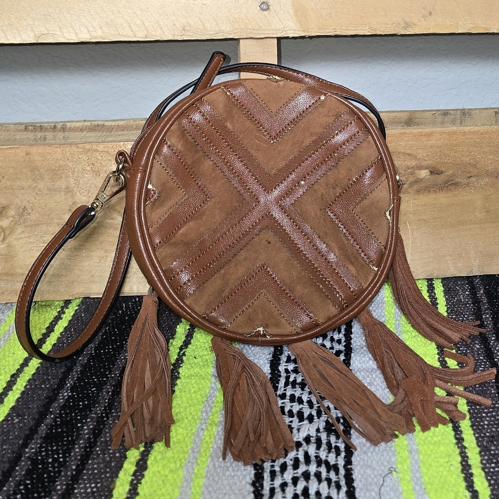 Brown Round Fringe Faux Suede Crossbody Bag - Unbranded